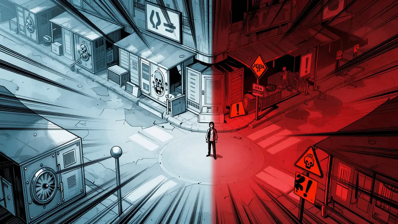 Split street scene contrasting a safe area with a dangerous zone