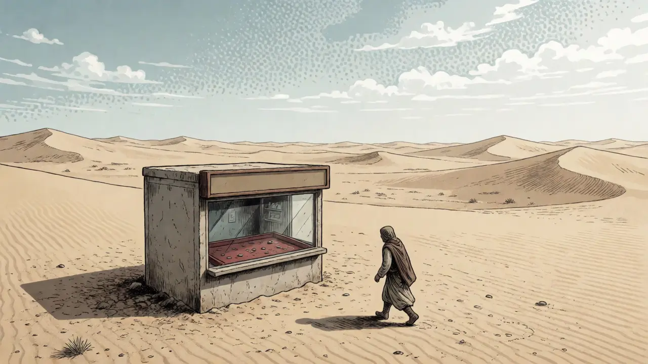 Tiny trading kiosk in a vast desert symbolizing low liquidity.