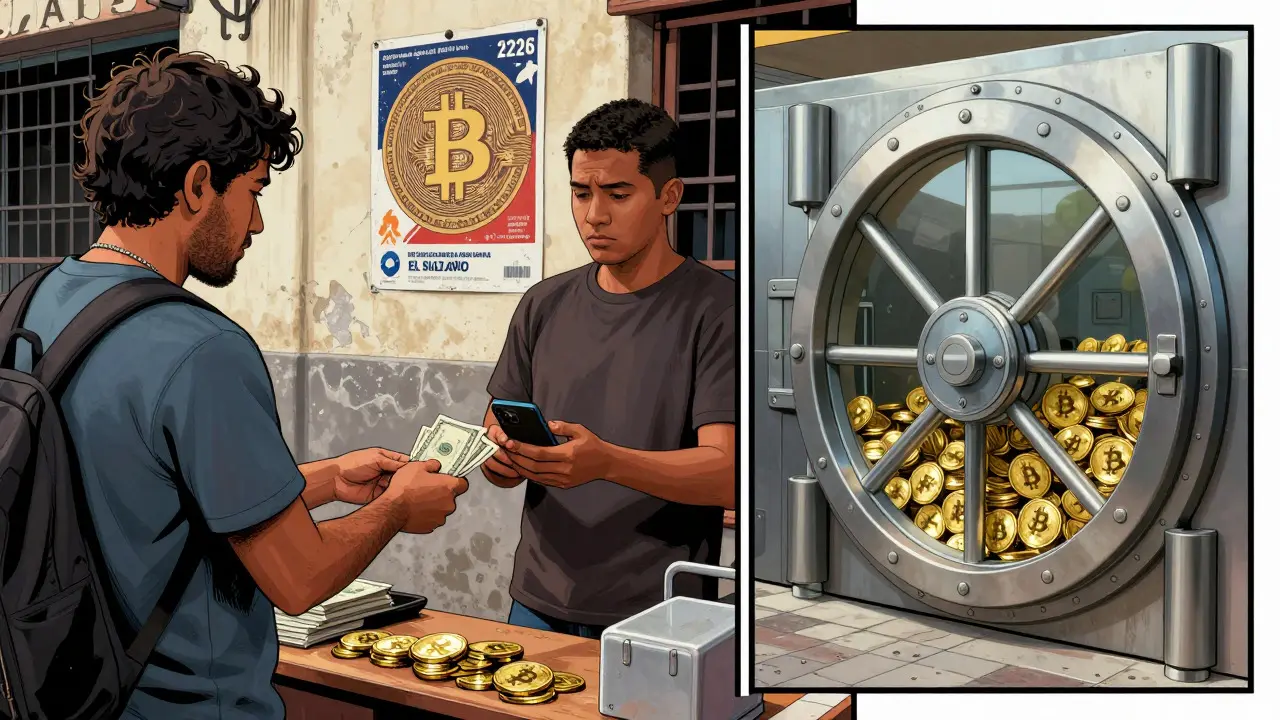 Tourist paying with US dollars while Bitcoin reserve sits in vault