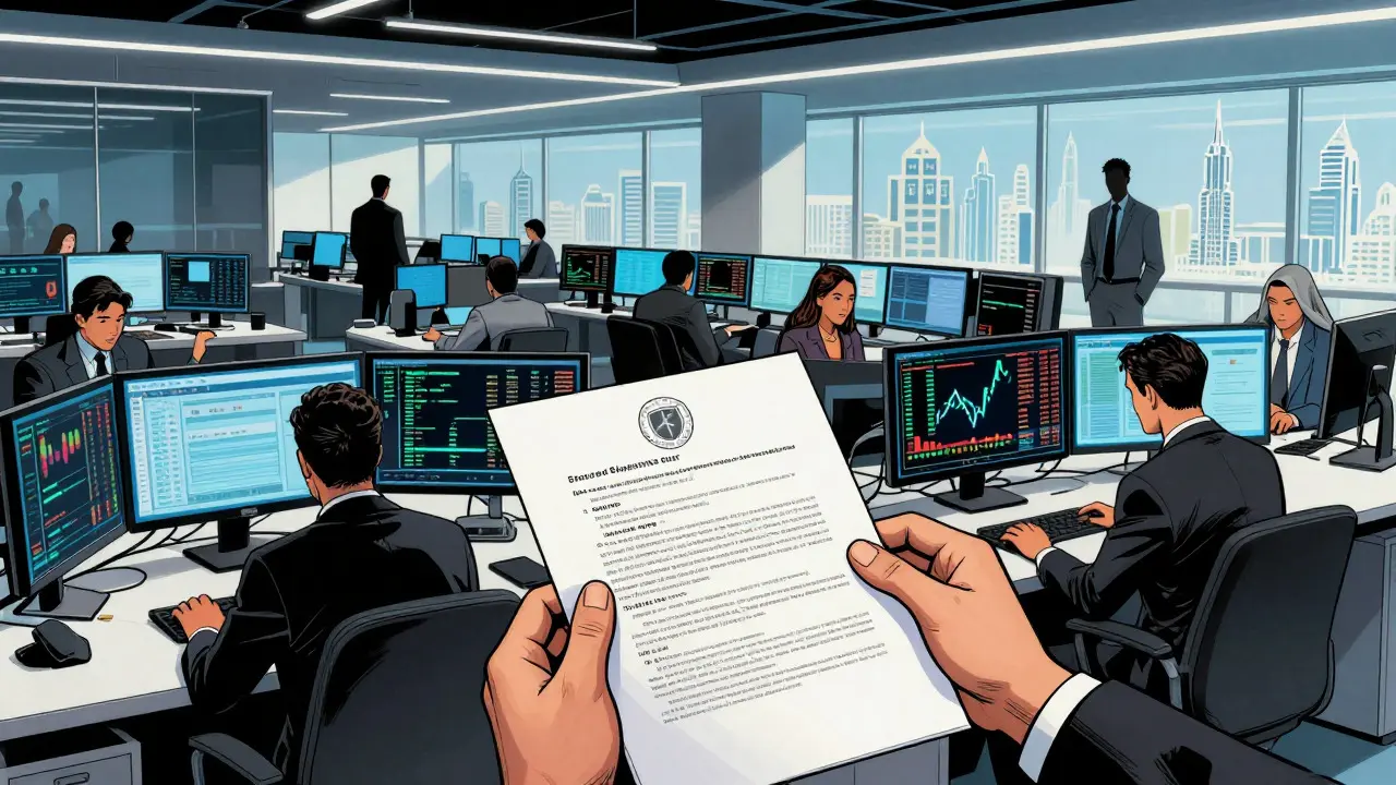 Traders in a modern Dubai office reviewing compliance documents with digital screens