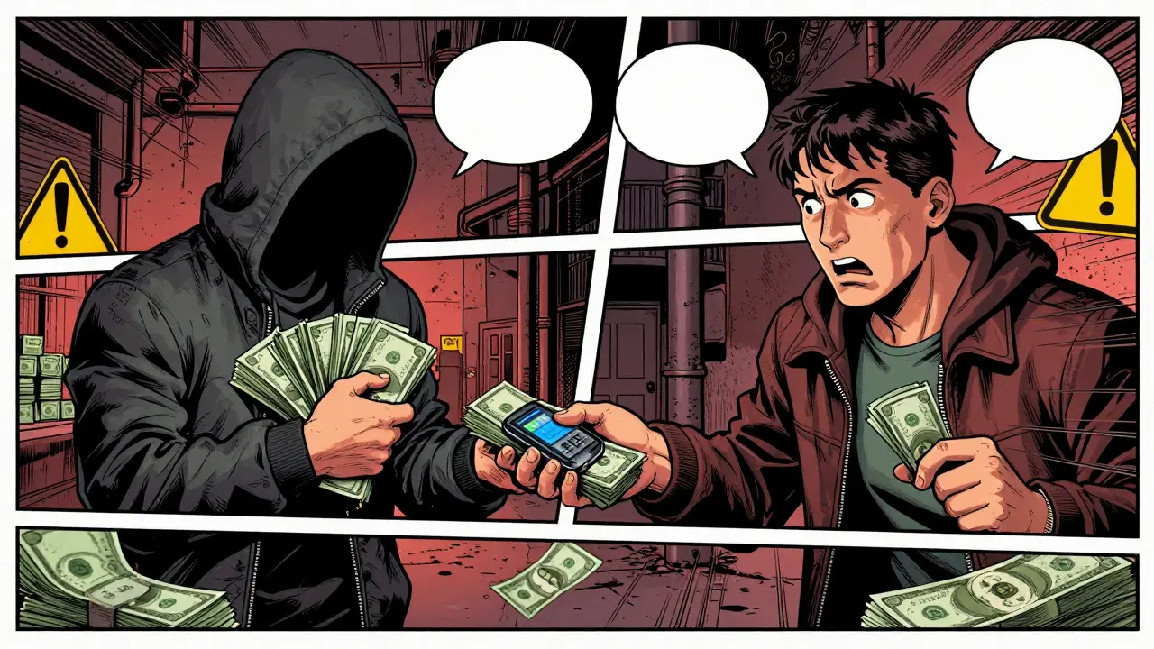 Two people exchanging cash in a dark alleyway comic style