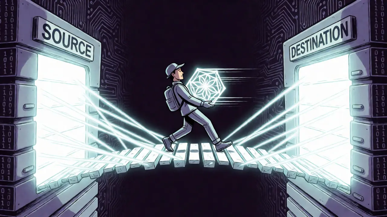 A courier carrying a glowing cryptographic proof across a light bridge between servers