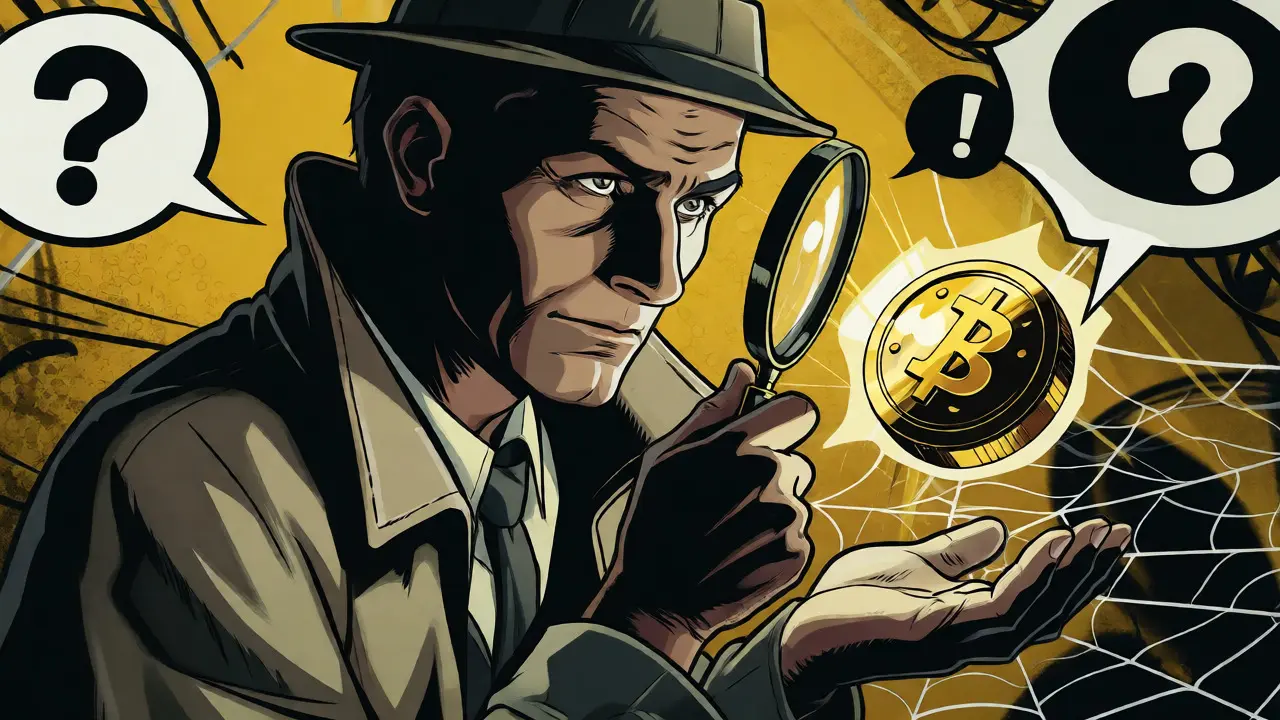 A detective inspecting a fragile golden coin surrounded by spiderwebs and warning signs.