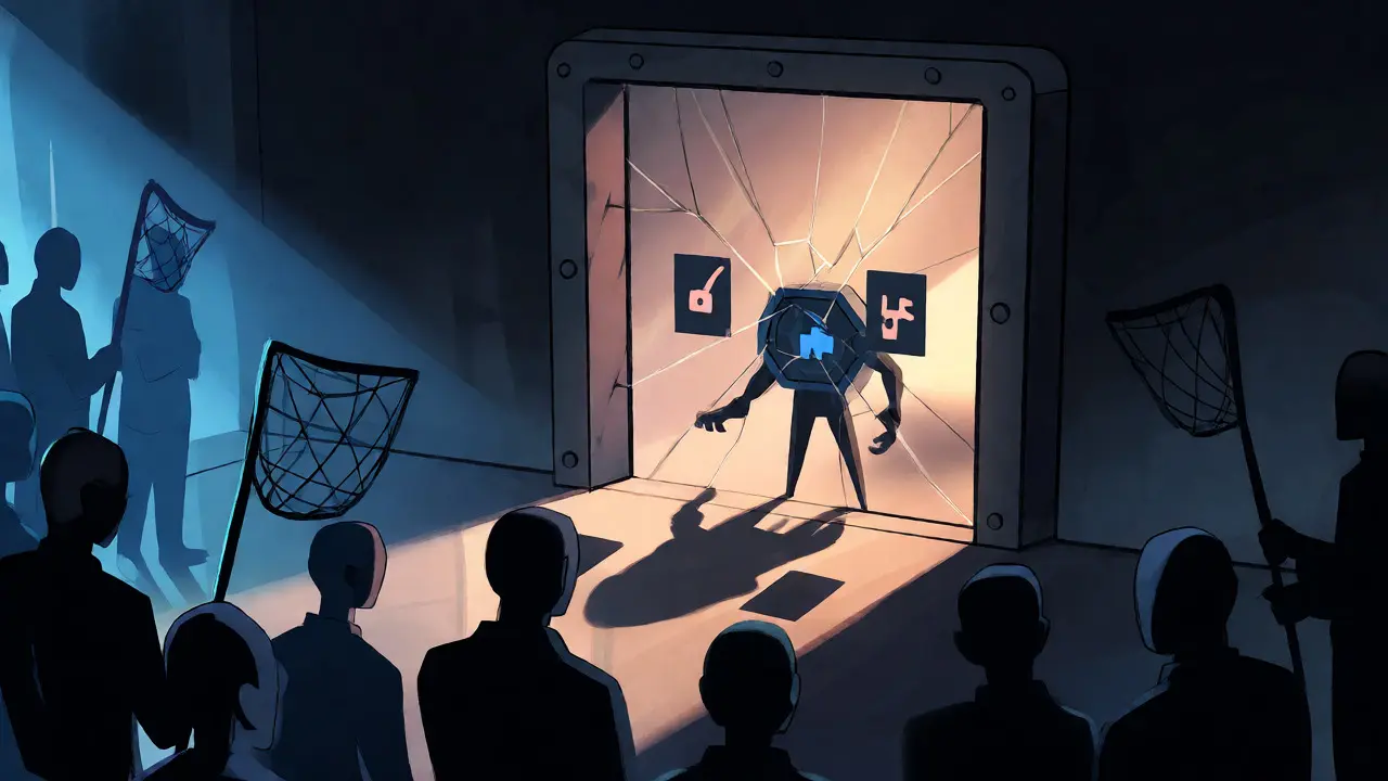 A small digital token trapped inside a cracked vault while shadowy figures wait outside with empty nets.