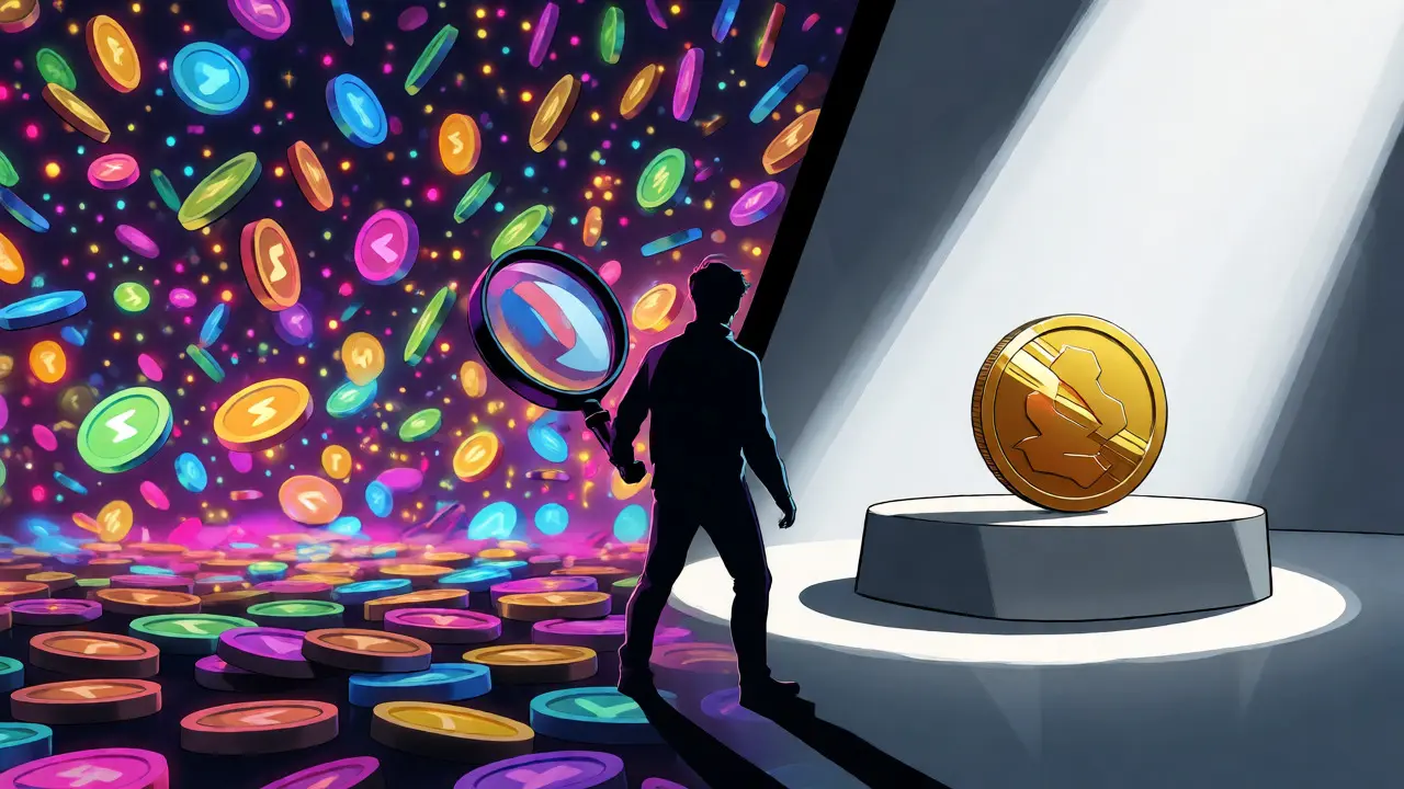 A trader examines a swarm of colorful altcoins compared to a single gold coin on a pedestal.