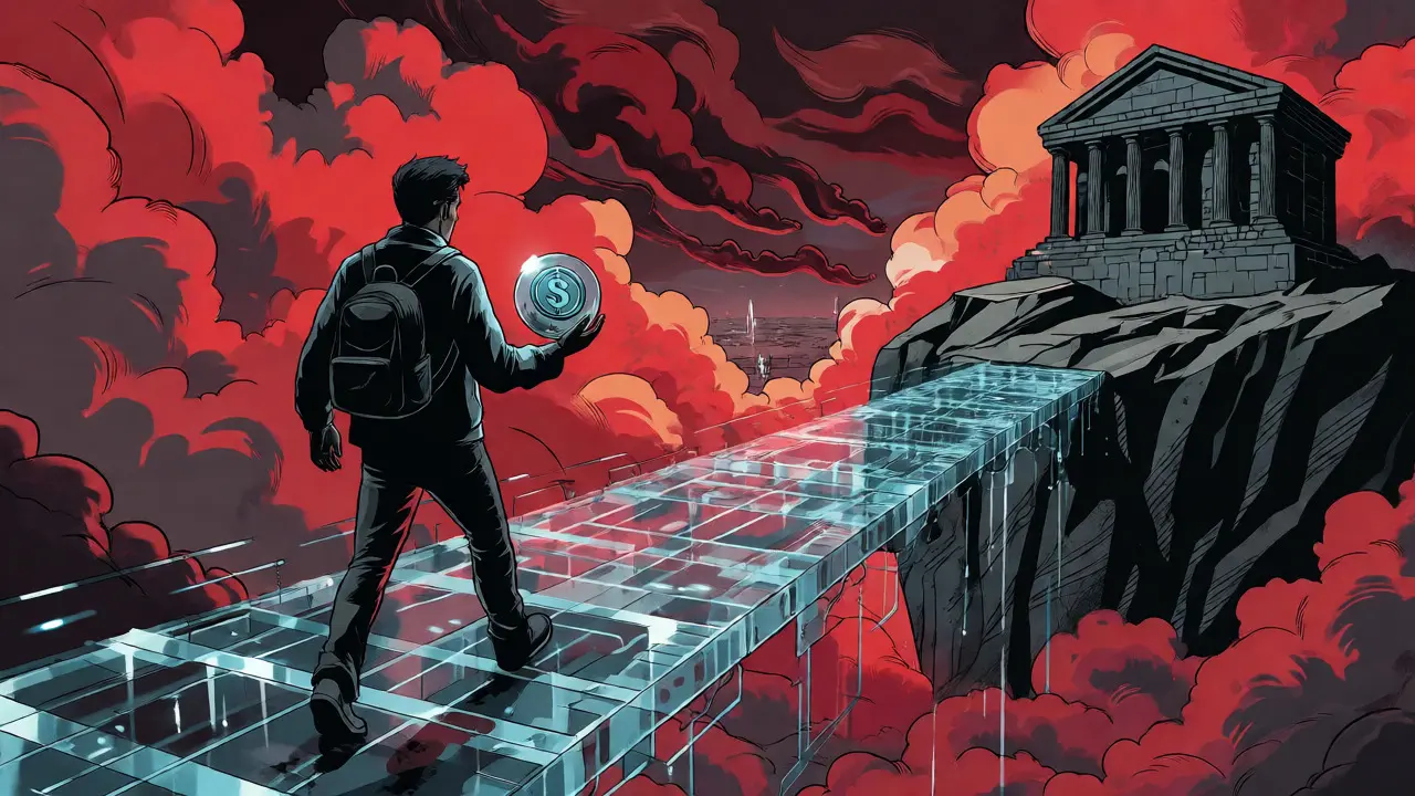 A traveler crosses a data-stream bridge over a stormy chasm towards a distant city.
