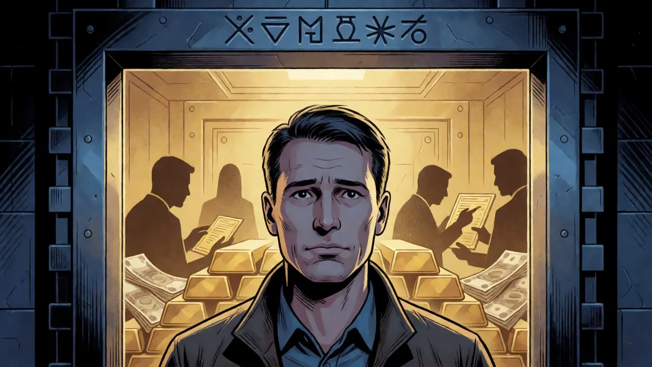 Citizen blocked from crypto investments by high wealth requirements depicted as a vault barrier.