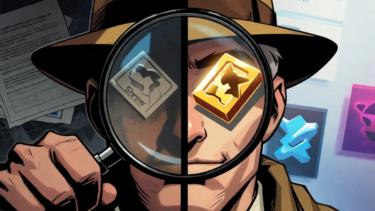 Detective comparing fading original Shrew token with vibrant new Sandshrew token via magnifying glass.