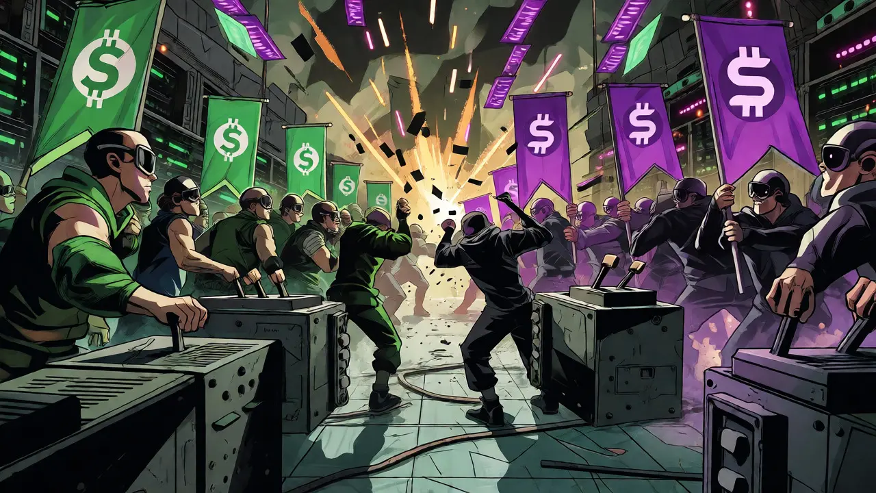 Digital battle scene showing miners fighting for dominance between BCH and BSV chains.