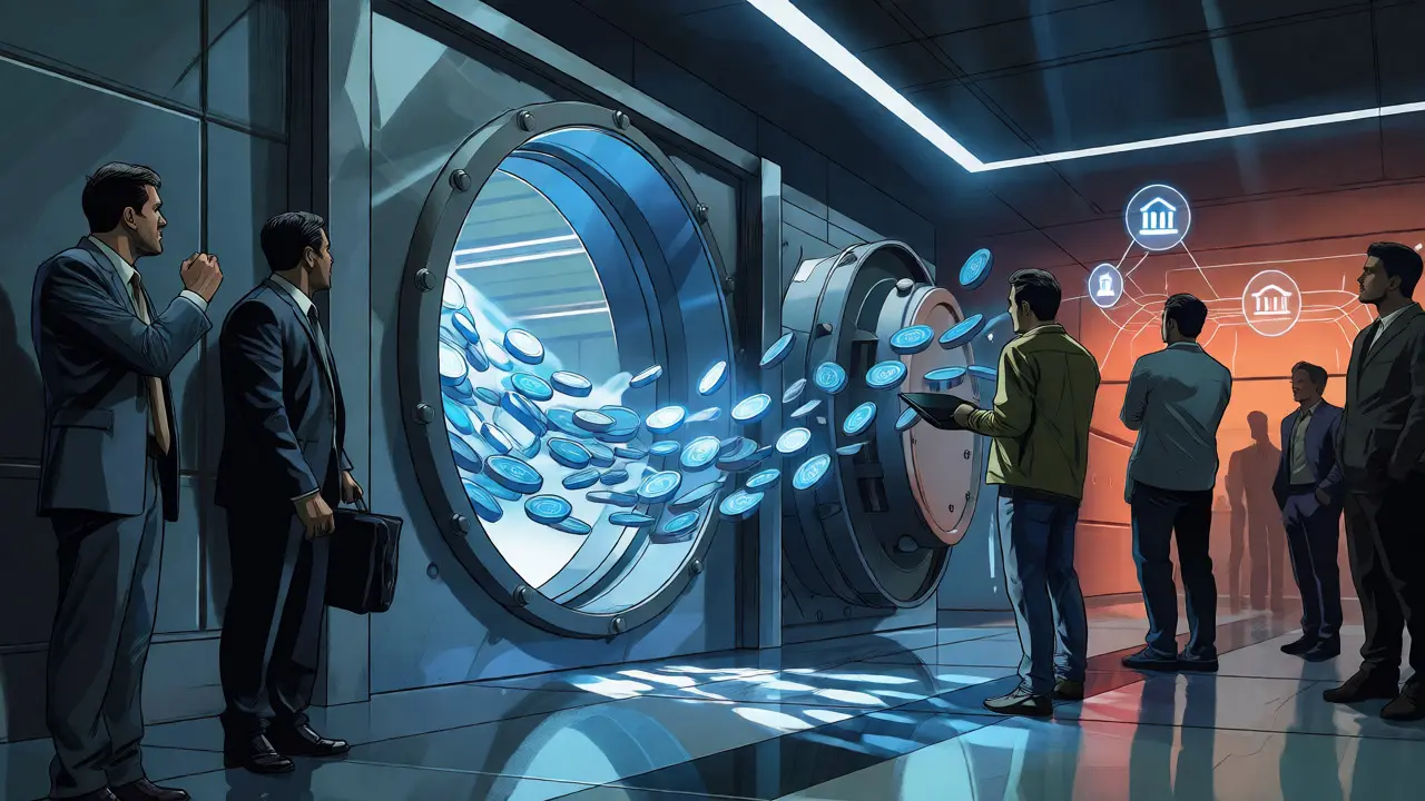 Digital coins flowing freely through an open bank vault gate