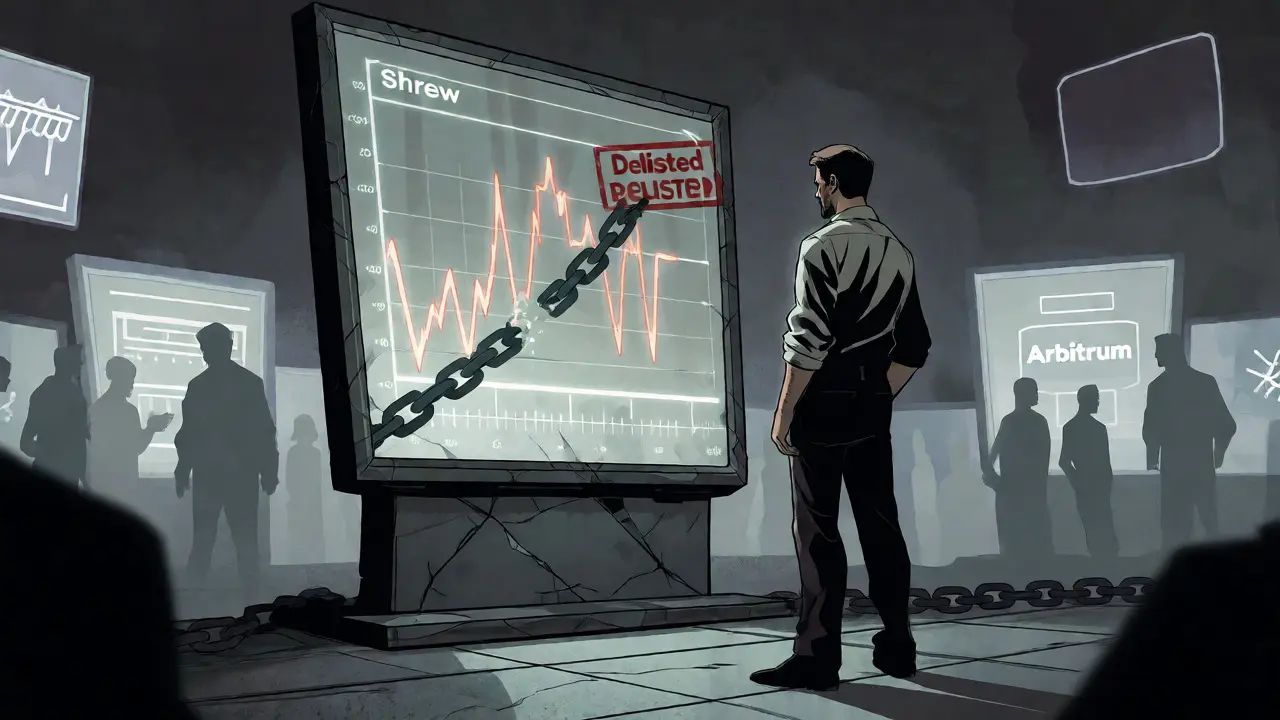 Disillusioned investor viewing a failed Shrew project hologram with broken chain links.