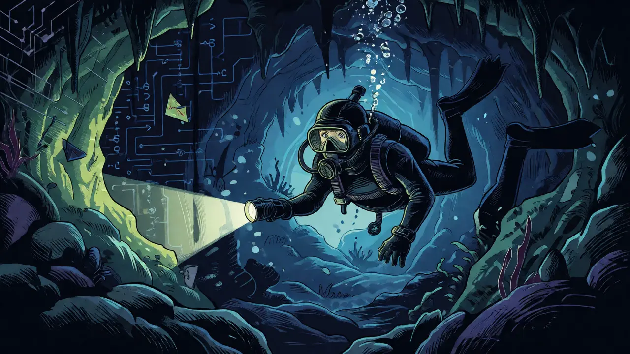 Diver exploring a dark cave with circuitry walls and missing audit clues