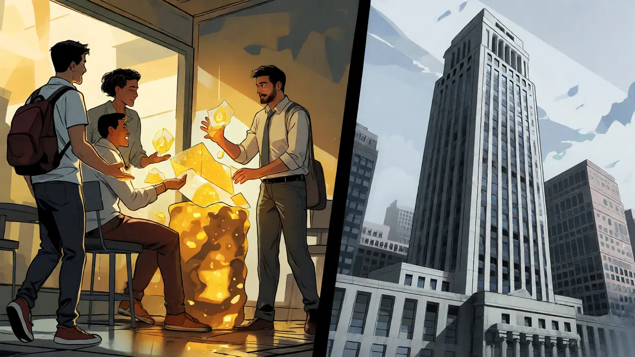 Diverse people merging tokens vs traditional bank tower