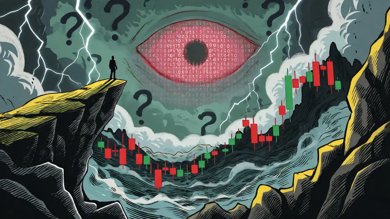 Figure on cliff overlooking volatile chart waves under binary eye