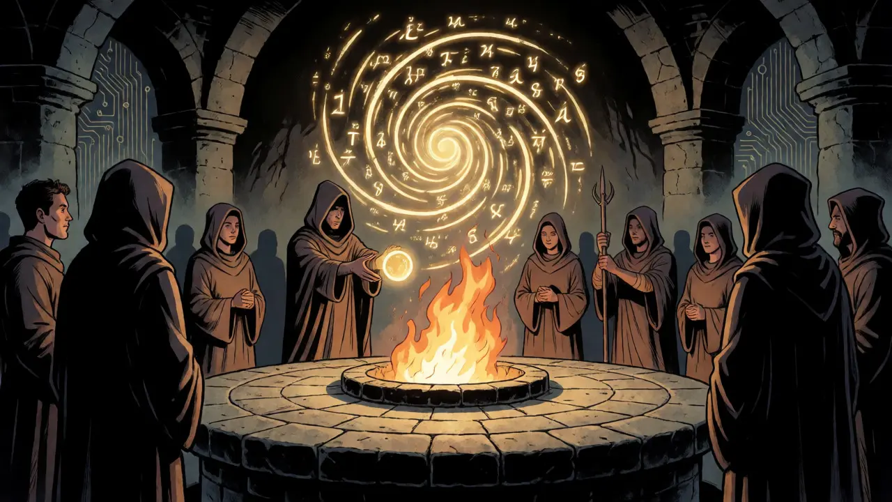 Figures performing a trusted setup ceremony, destroying secret random numbers.