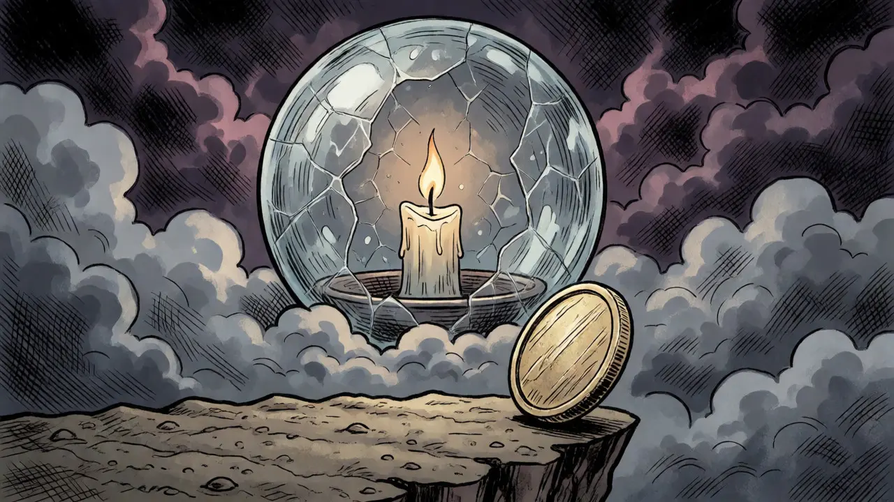 Fragile glass sphere with candle on cliff edge symbolizing risky micro-cap crypto asset