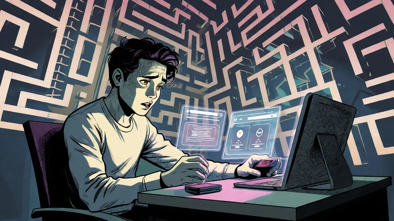 Frustrated user navigating complex StarkNet wallet setup in graphic novel style