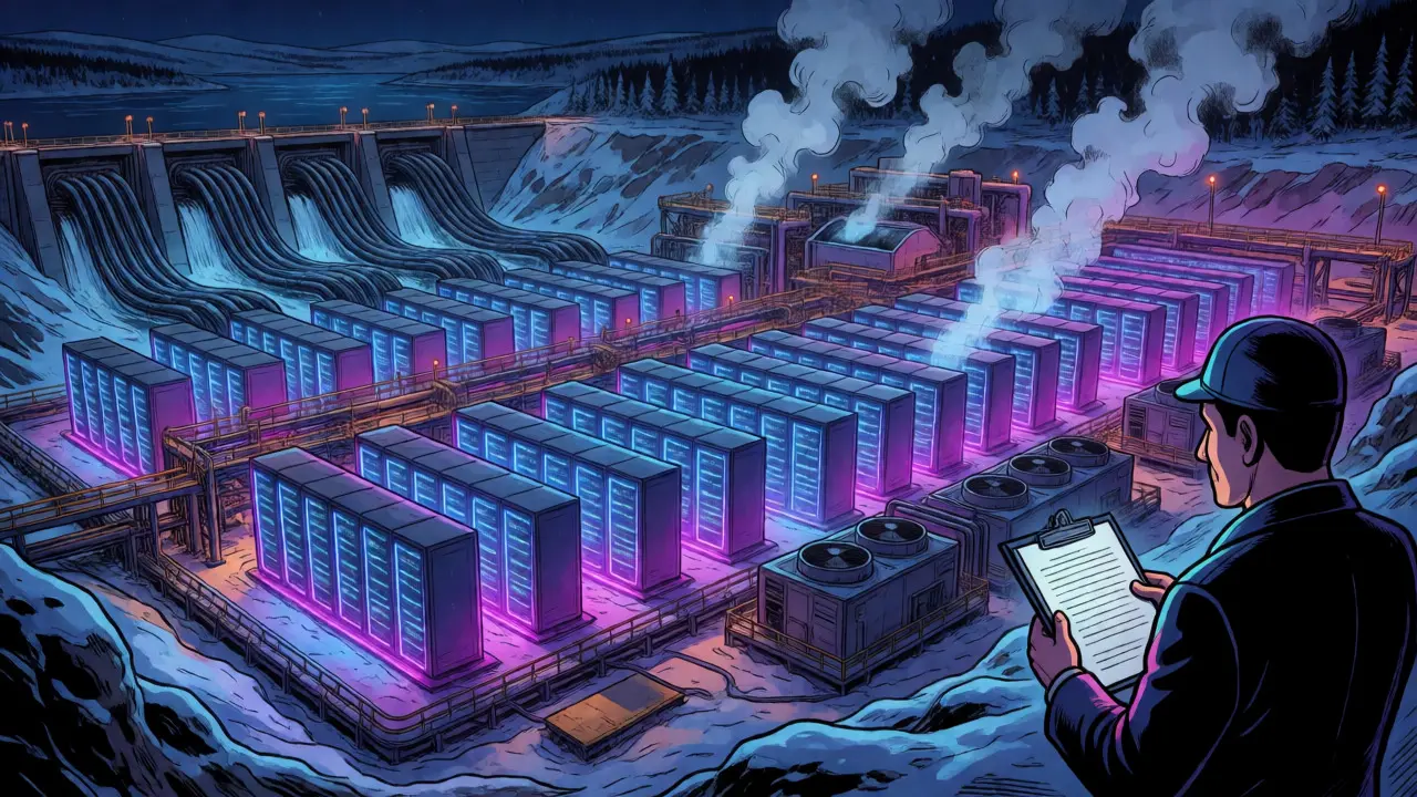 Glowing crypto mining facility in a snowy landscape powered by surplus energy resources.
