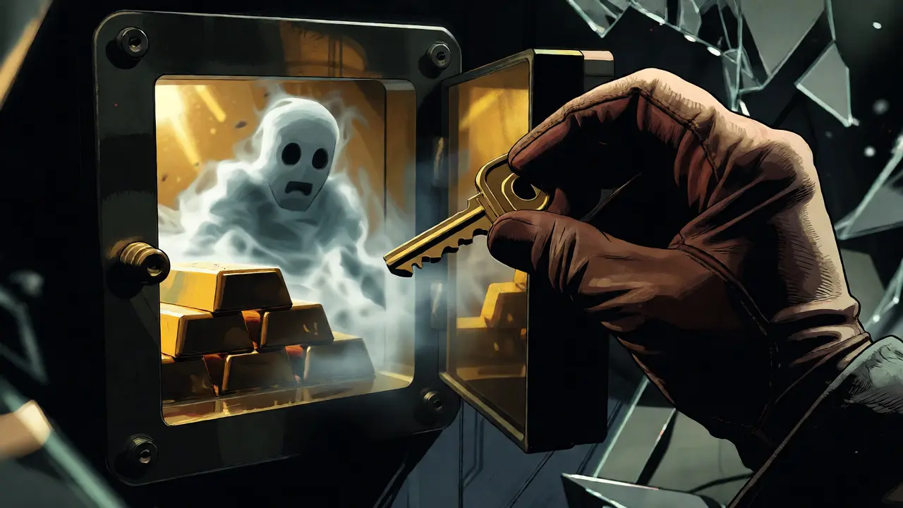 Hand holding a key near a digital vault guarded by a ghostly figure