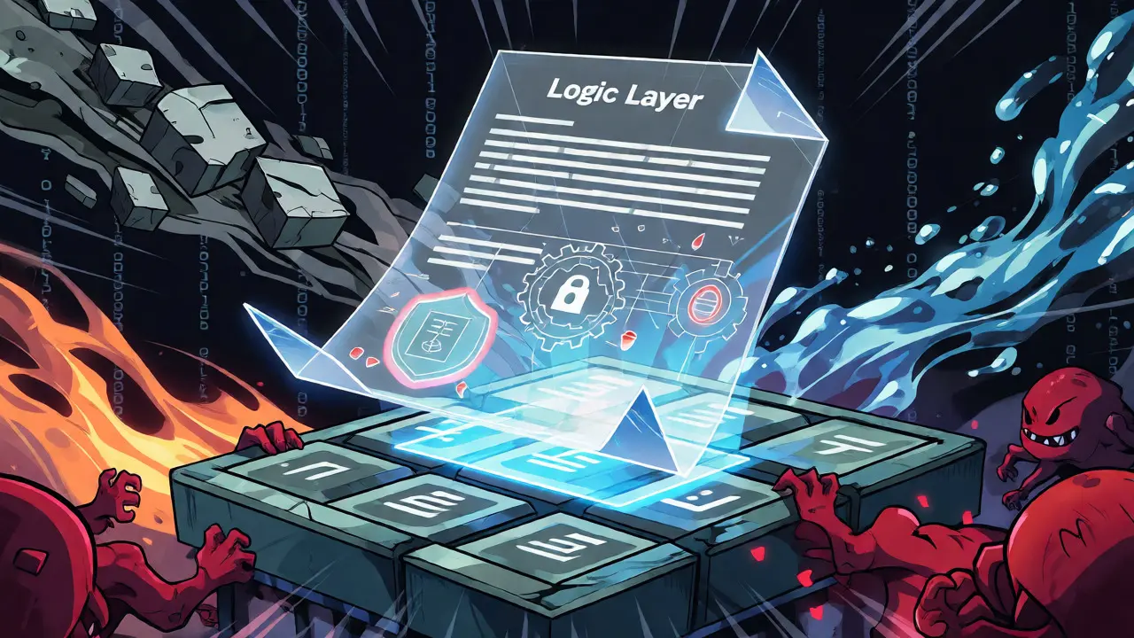 Holographic smart contracts protected by testing shields against bug monsters