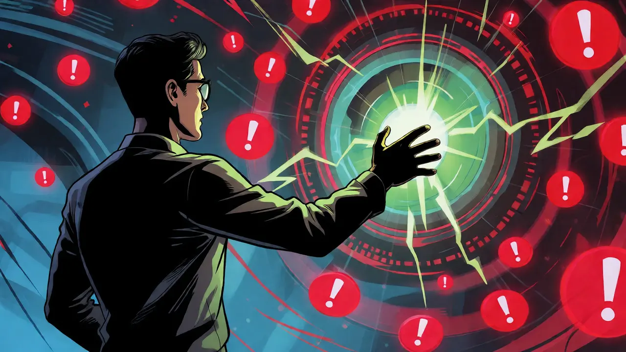 Investor claiming airdrop from a glowing portal amidst warning symbols