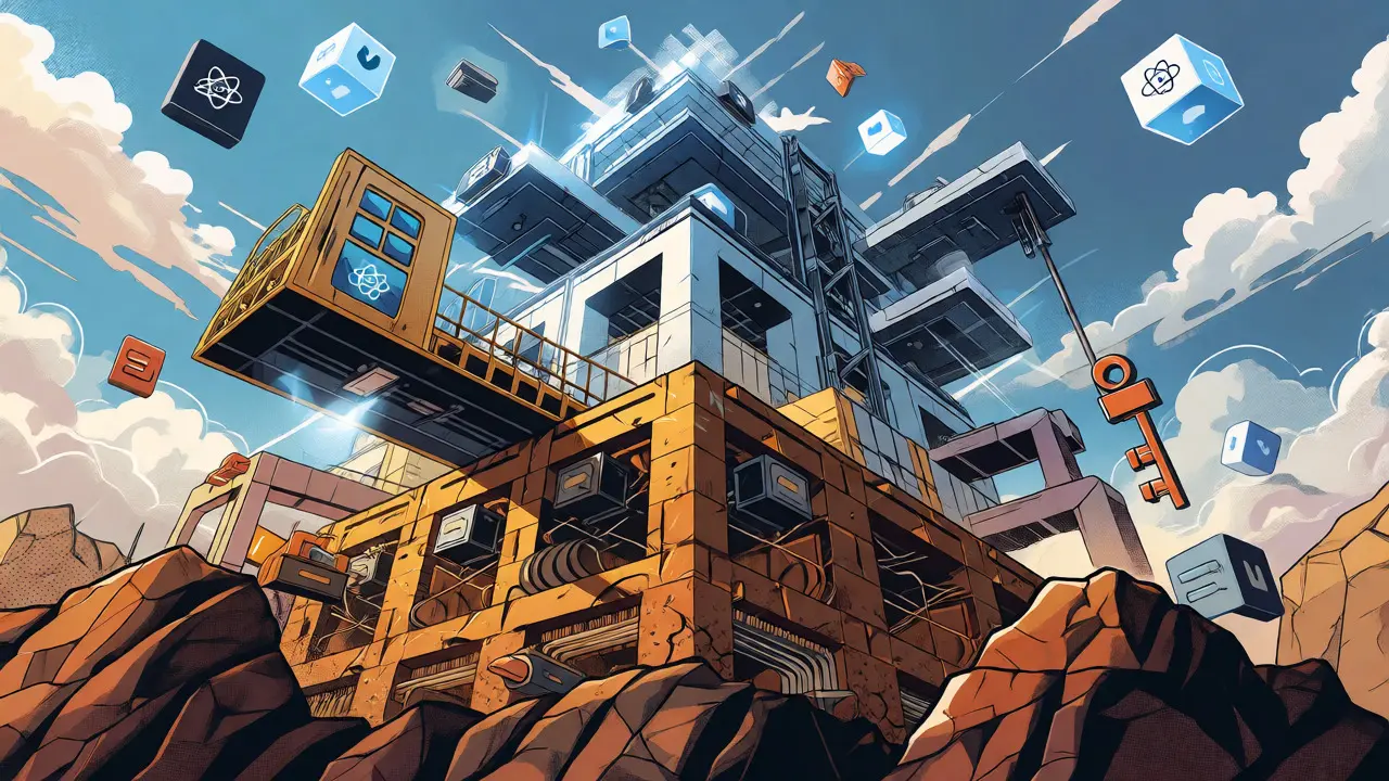 Layered architectural visualization of the Web3 technology stack as a futuristic city