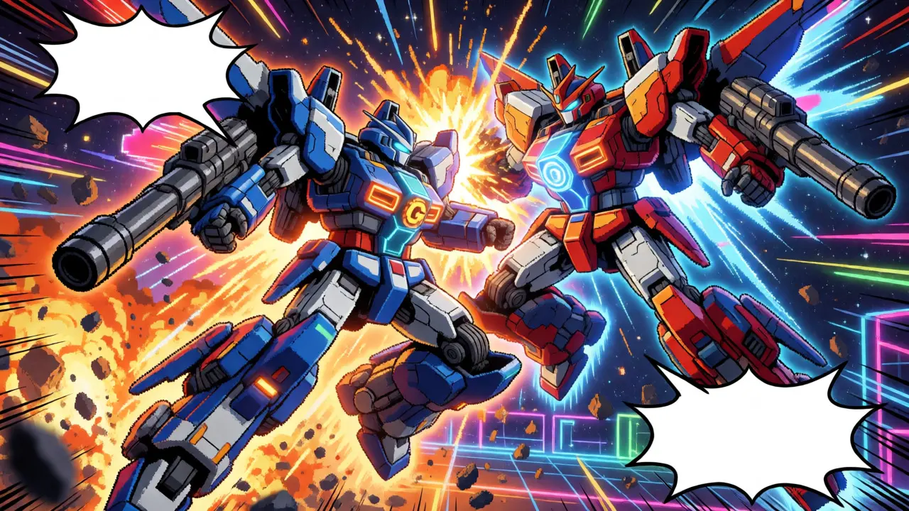 Mecha robots battling in a pixel-art metaverse arena