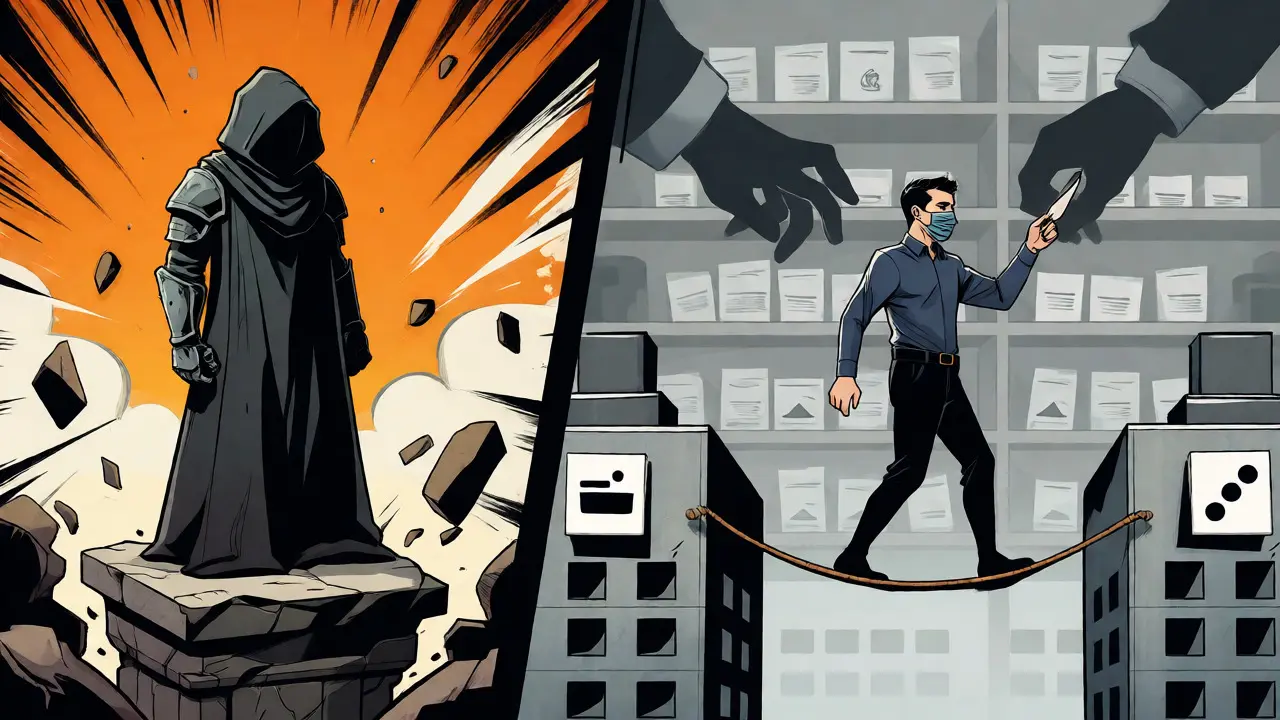 Monero armored figure vs Zcash masked figure amidst regulatory hands