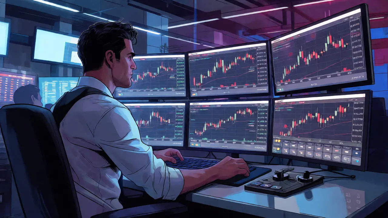 Professional trader analyzing complex crypto charts on multiple screens