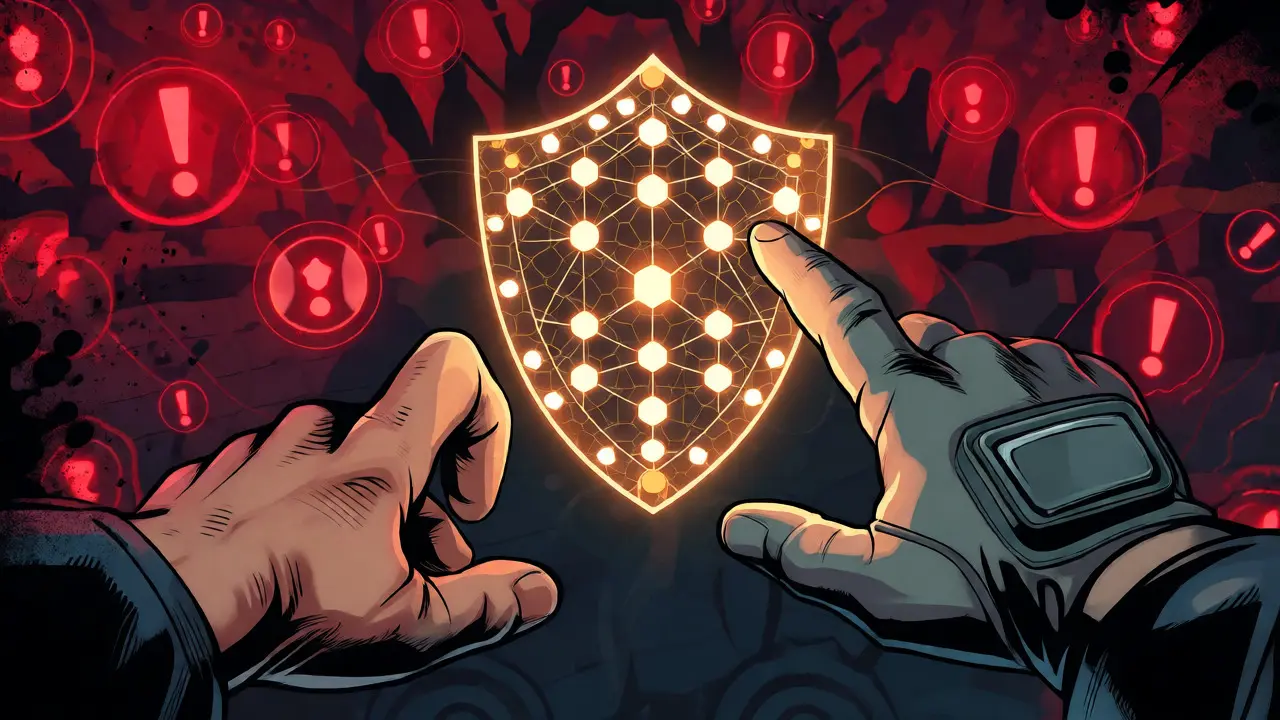 Protective blockchain shield blocking scam threats