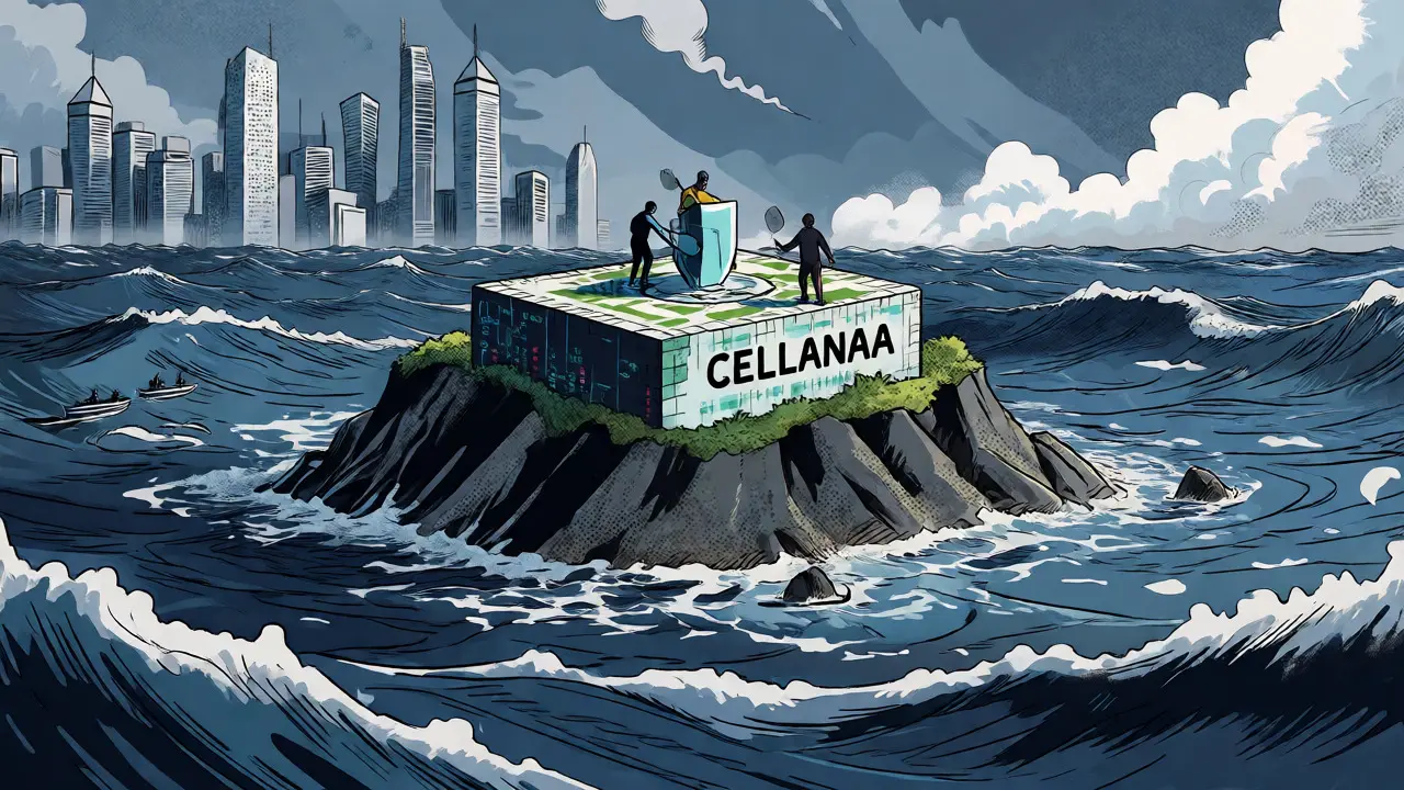 Small island fortress in a vast ocean representing a niche DEX vs giants