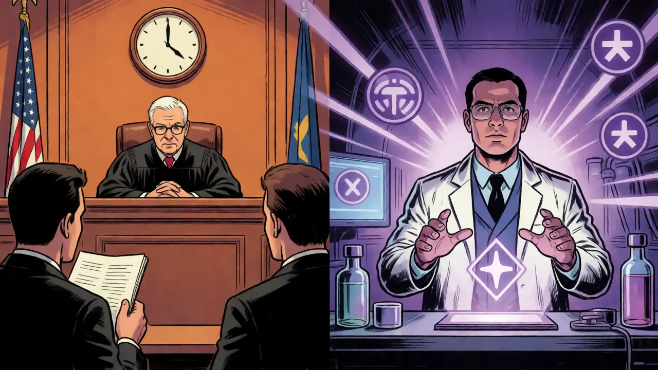 Split scene contrasting slow fraud proof courtrooms with fast validity proof labs