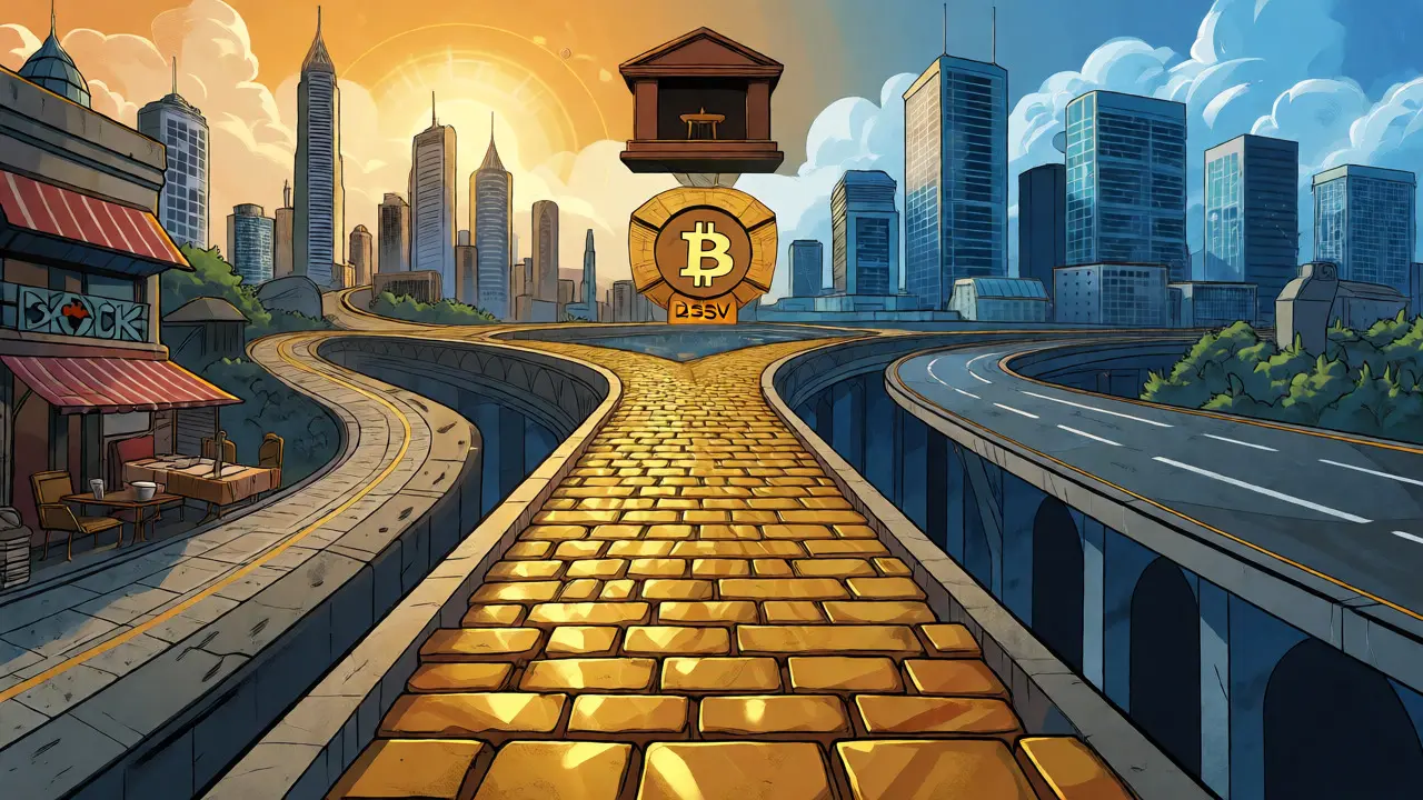 Three diverging paths representing different futures for Bitcoin, BCH, and BSV networks.