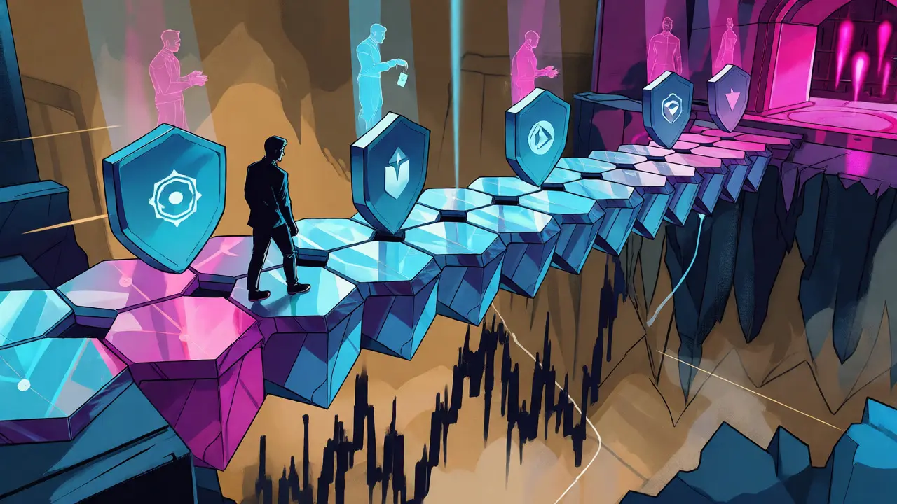 Trader crossing stable bridge over volatile market chaos