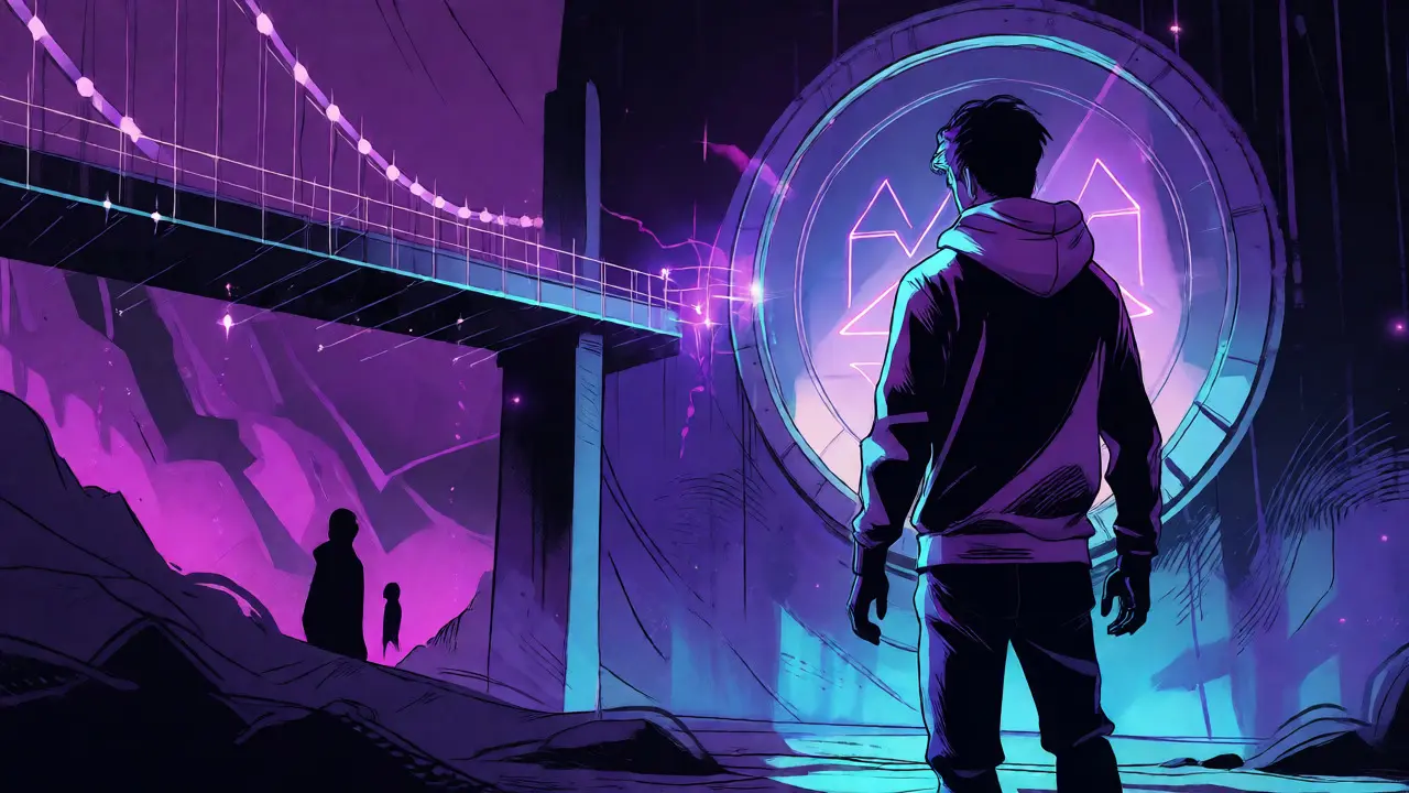 Trader facing glowing Uniswap portal and light bridge on Arbitrum