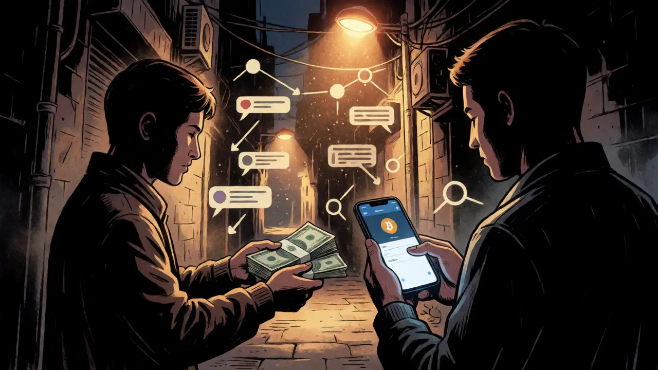 Two people exchanging cash for crypto in a dark alleyway