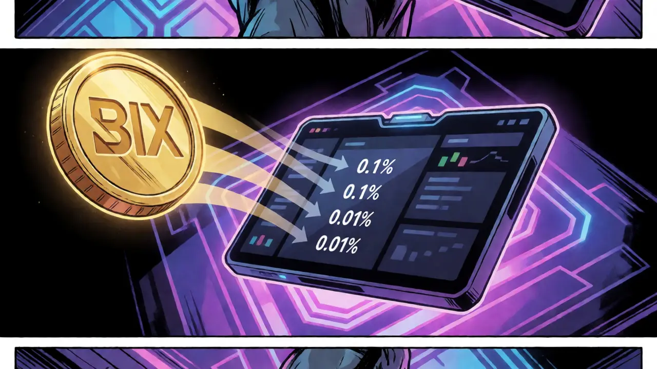 Visual metaphor of BIX token reducing trading fees in a digital space.