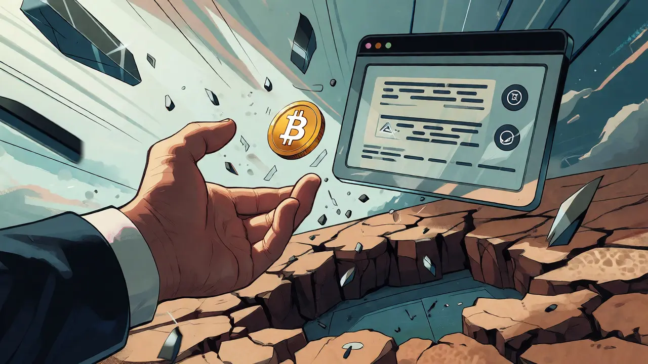 Crypto token falling as the ground cracks under a distorted browser frame.