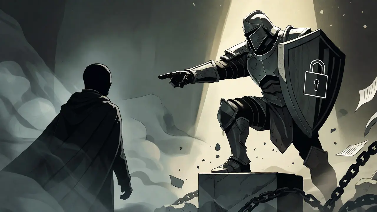 Shadowy figure confronting a regulatory guardian amidst broken chains.